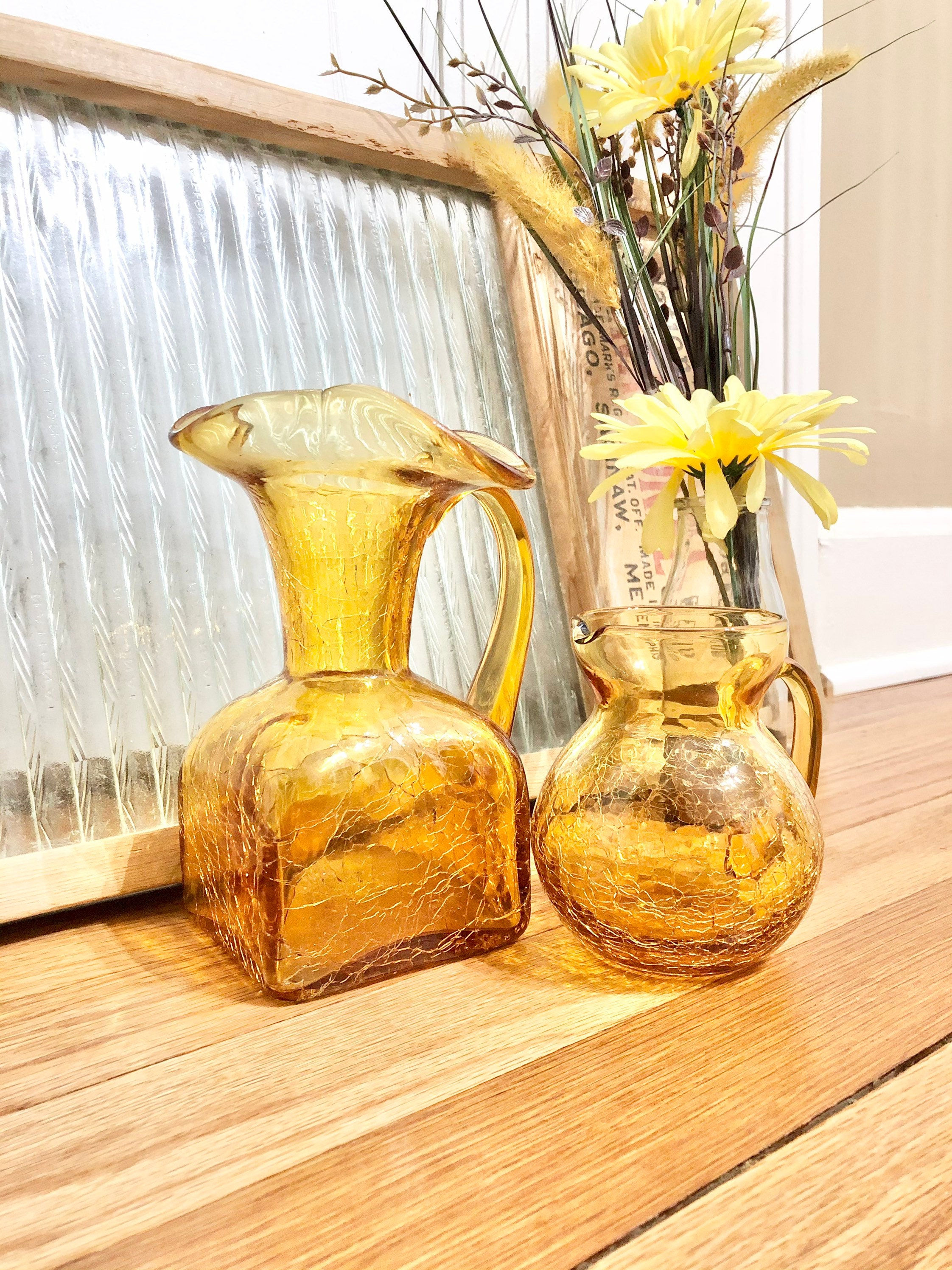 Gorgeous Vintage Set of 2 Amber Glass Pitcher and Creamer / 1970's Amber Glass P