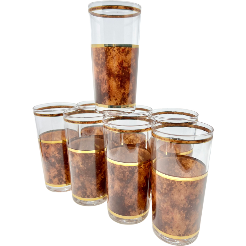 Thumbnail: Vintage Culver Tortoise Set of 8 Highball Glasses with 22K Gold Trim and Caddy