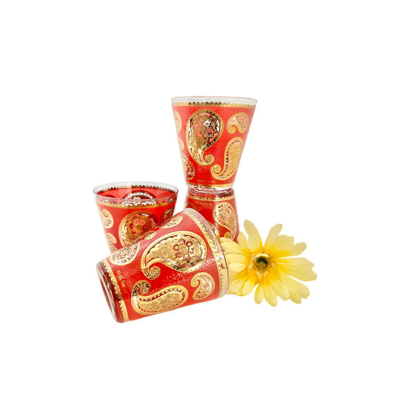 Vintage Mid-Century Culver SIGNED Set of 4 Red 22kt Gold Paisley Old Fashioned