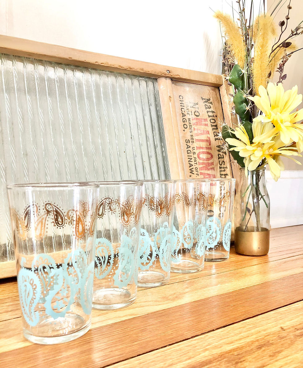 Vintage Federal Glass Company SET of 5 Paisley Aqua & Gold 10oz Drinking Glasses