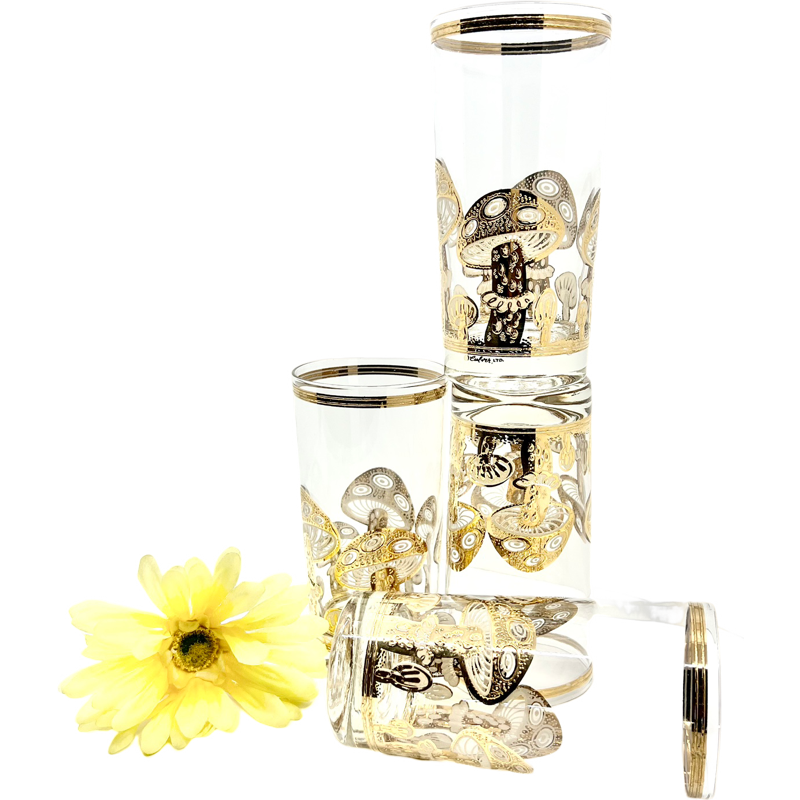 Thumbnail: RARE Vintage Culver 24K Gold MUSHROOM Glasses /Tumblers Set of 4 Signed