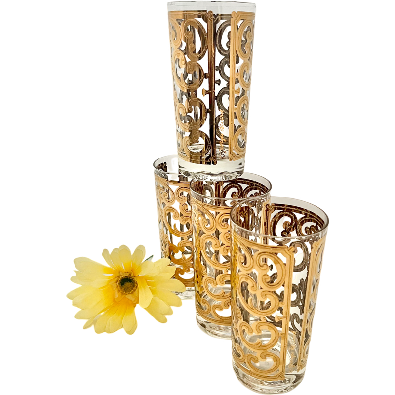 Thumbnail: Vintage Highball Glasses / Georges Briard Signed 22-Karat Gold Spanish Scroll Gl