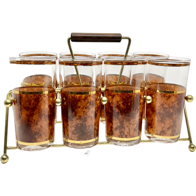 Thumbnail: Vintage Culver Tortoise Set of 8 Highball Glasses with 22K Gold Trim and Caddy
