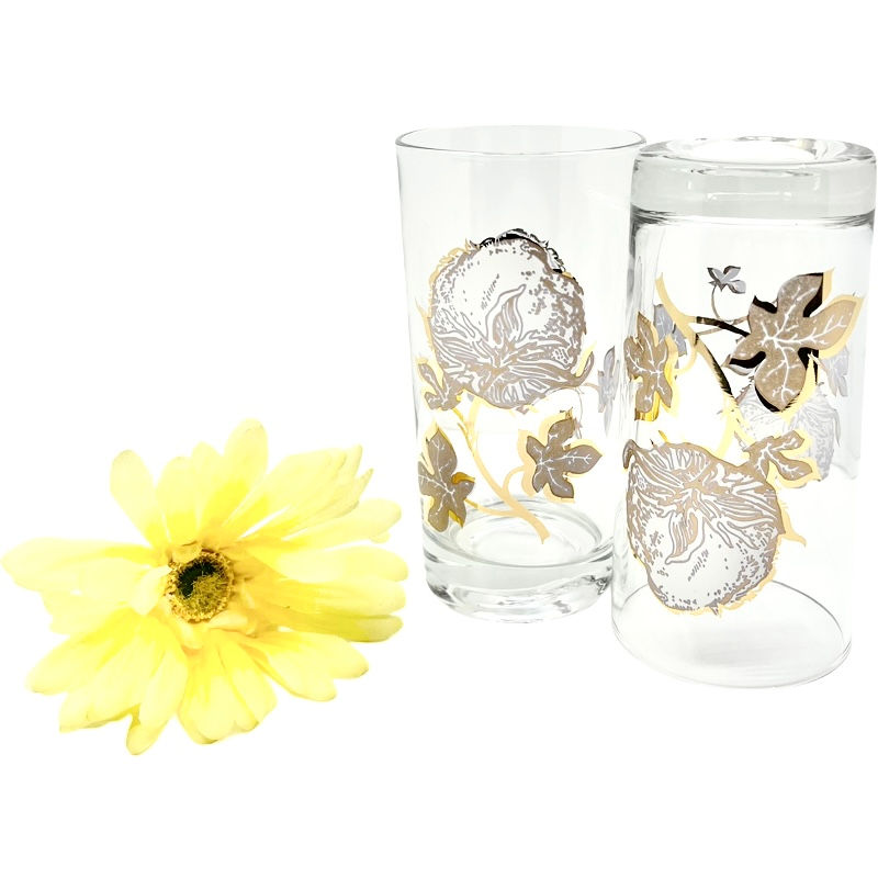 Thumbnail: Vintage Culver SET of 2 Cotton Plant Collins Glasses / MCM Barware / 22 kt Gold