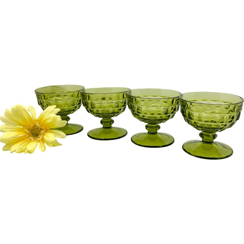 Thumbnail: Vintage BEAUTIFUL Mid-Century Green Whitehall SET of 4 Cube Pattern Footed 5 Oz.
