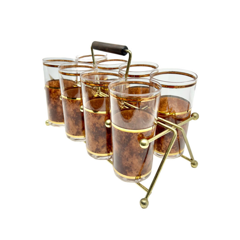Thumbnail: Vintage Culver Tortoise Set of 8 Highball Glasses with 22K Gold Trim and Caddy
