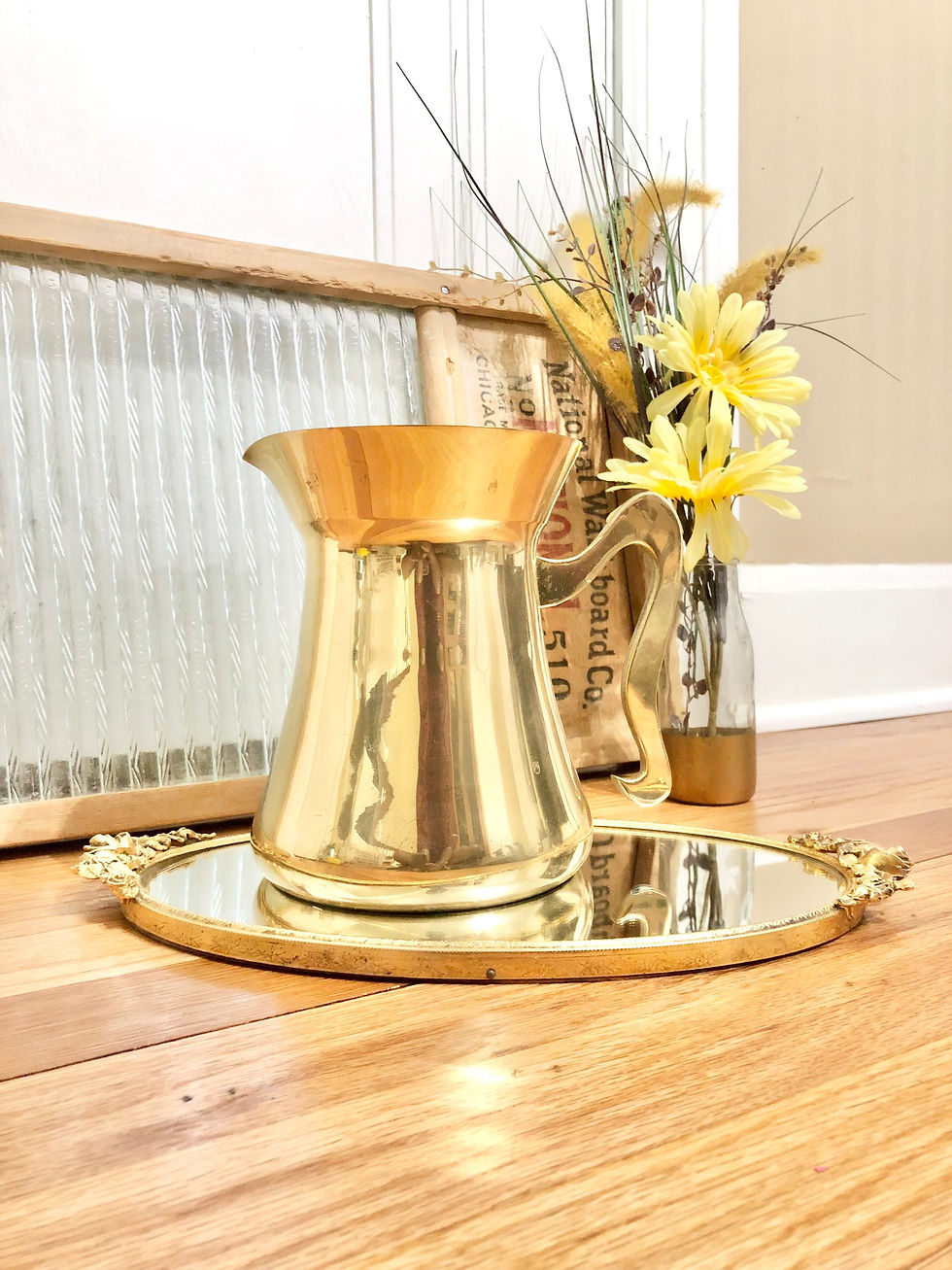 Thumbnail: Vintage Large Solid Brass Pitcher with Unique Serpentine Handle
