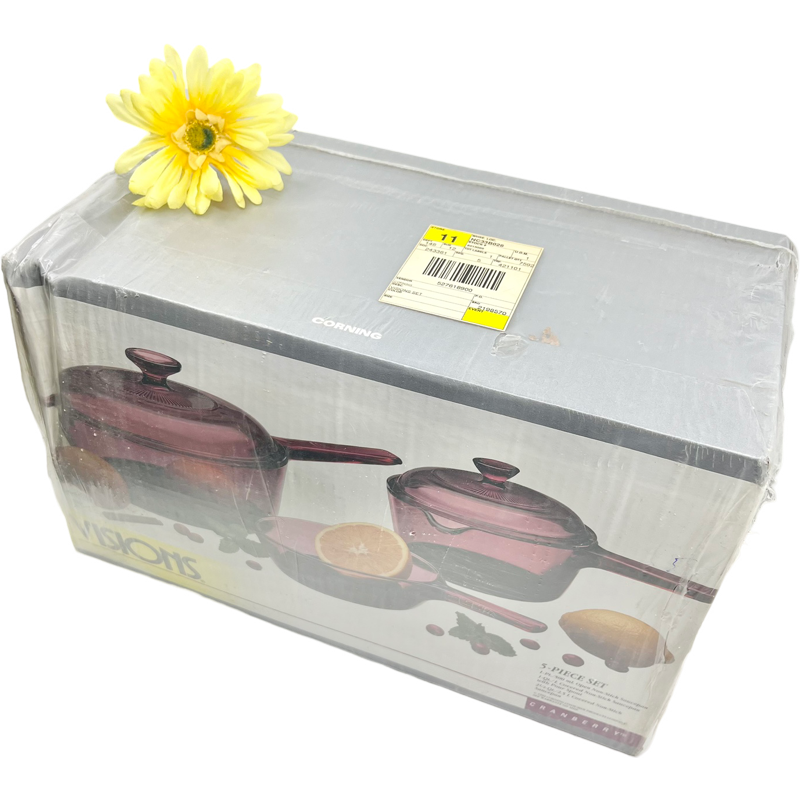 Thumbnail: New Vintage COMPLETE VISION Cranberry Corning Ware/Pyrex 5 Piece Cookware Set