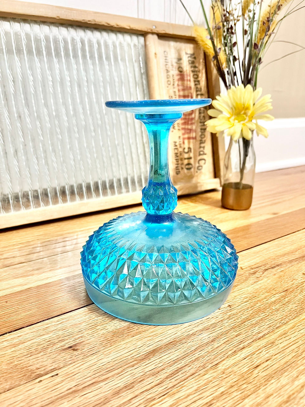 Thumbnail: Vintage Indiana Glass Co Diamond Point Tall Footed Compote in Horizon Blue #1133