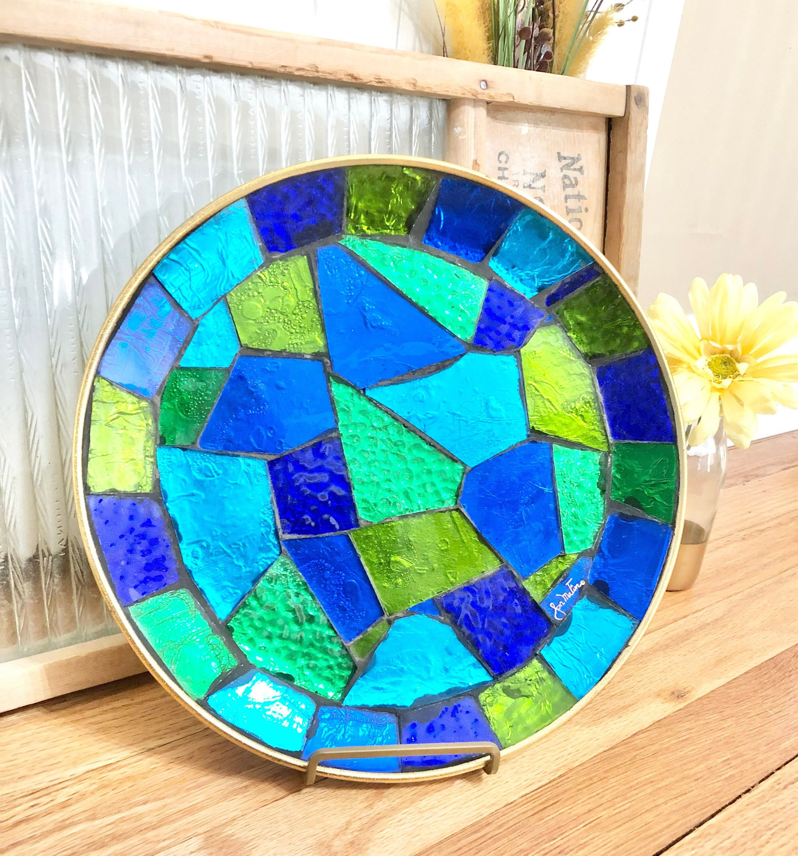 RARE Vintage SIGNED Jon Matin 12" Round Stained Foil Glass Tray/Platter / Jon Ma