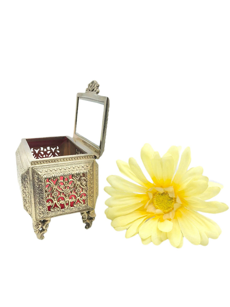 Thumbnail: RARE Vintage Art Nouveau Ornate Ormolu Filigree Beveled Glass Casket Jewelry Box