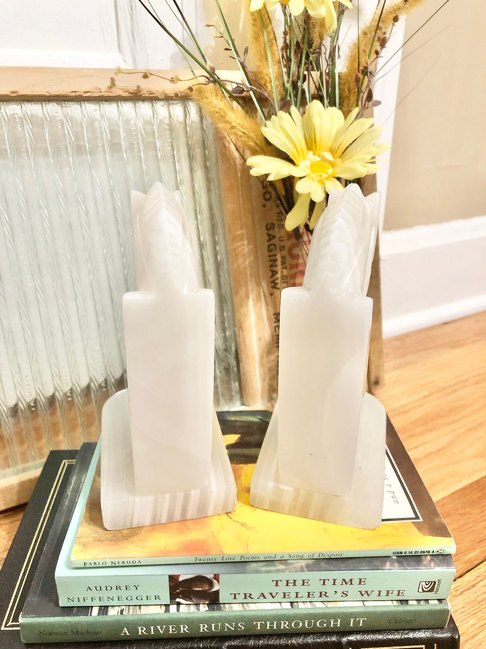 Thumbnail: Vintage Retro Boho Mid-Century Large 7" Pair of White Trojan Horse Head Bookends