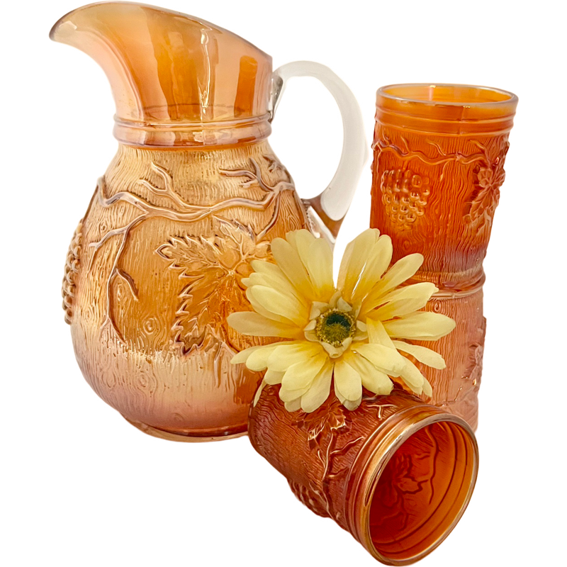 Thumbnail: Antique Pitcher Set / Dugan Vineyard Marigold Carnival Glass Pitcher Set