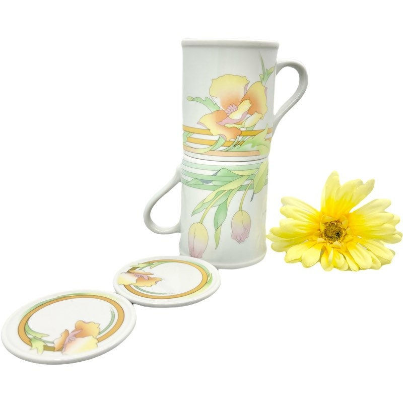 Thumbnail: Vintage "Spring" Porcelain Tea Pot and Mugs with Lids by The Toscany Collection