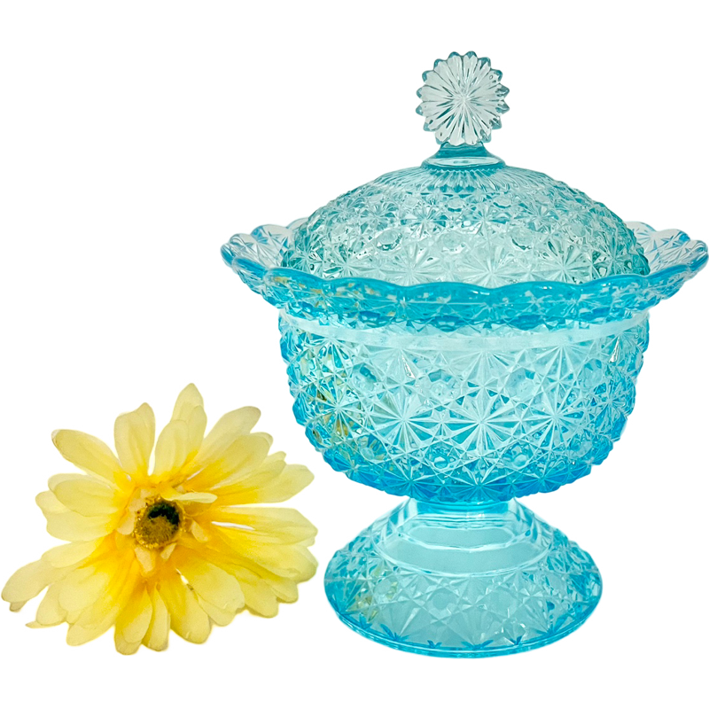 Thumbnail: Vintage Fenton/ L.G. Wright Aqua Daisy and Button Lidded Candy Dish