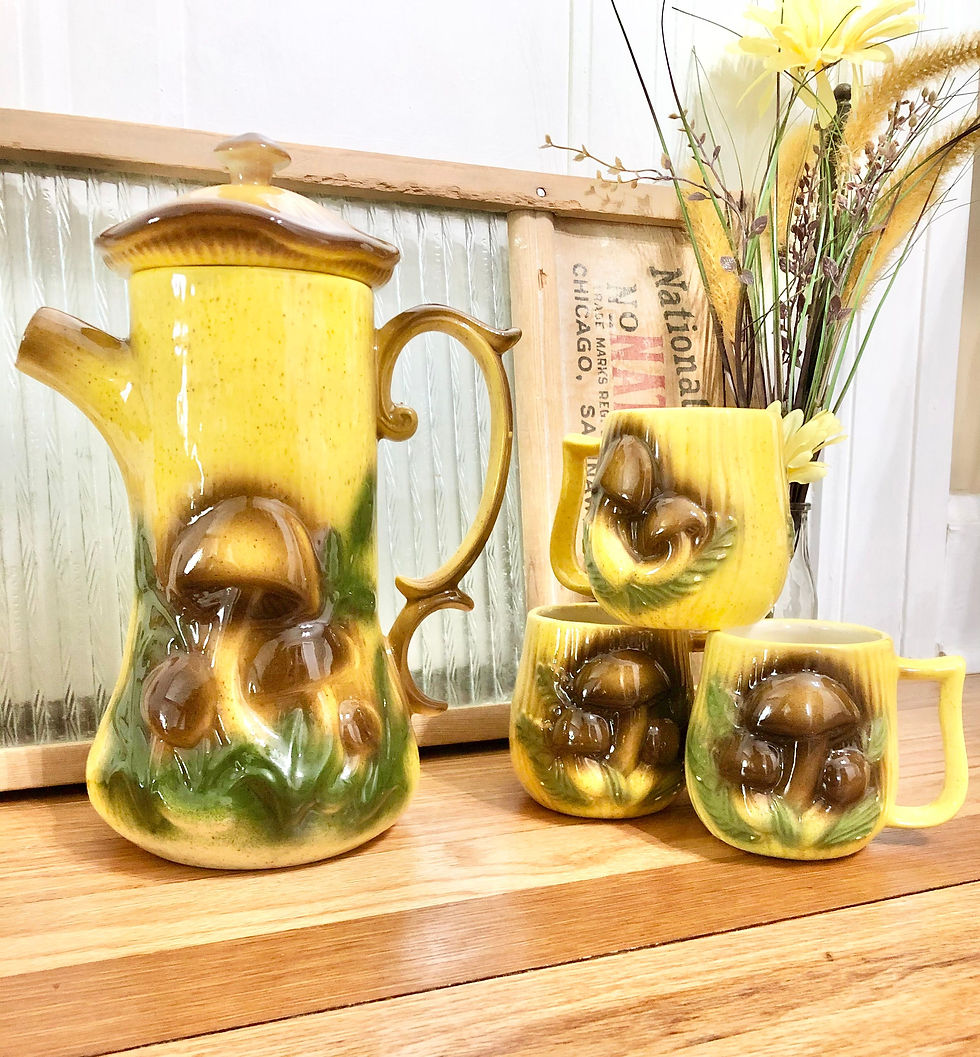 Thumbnail: Vintage / Retro Arnels Merry Mushroom SET of 4 Ceramic Coffee Pot AND Coffee Cup