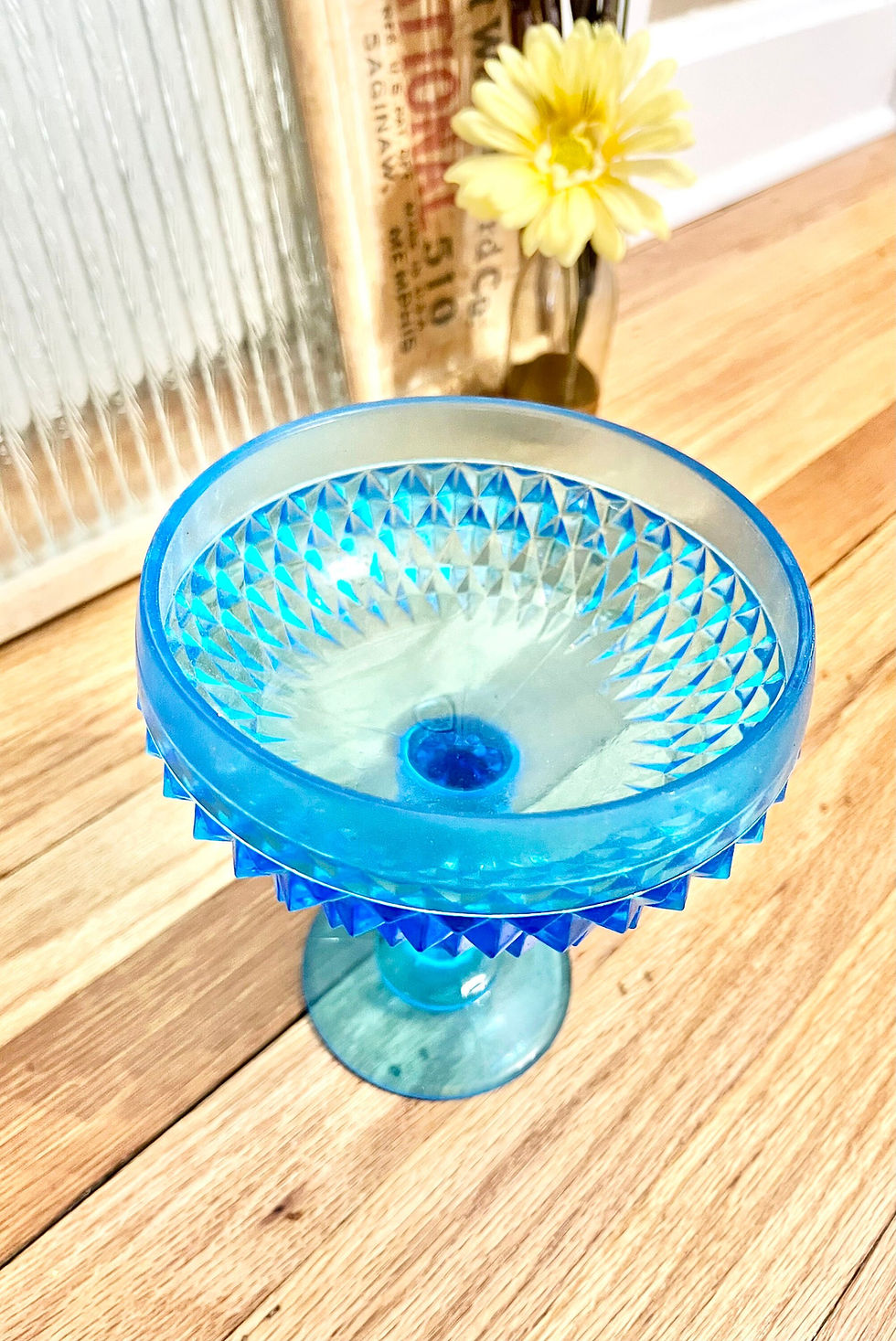 Thumbnail: Vintage Indiana Glass Co Diamond Point Tall Footed Compote in Horizon Blue #1133