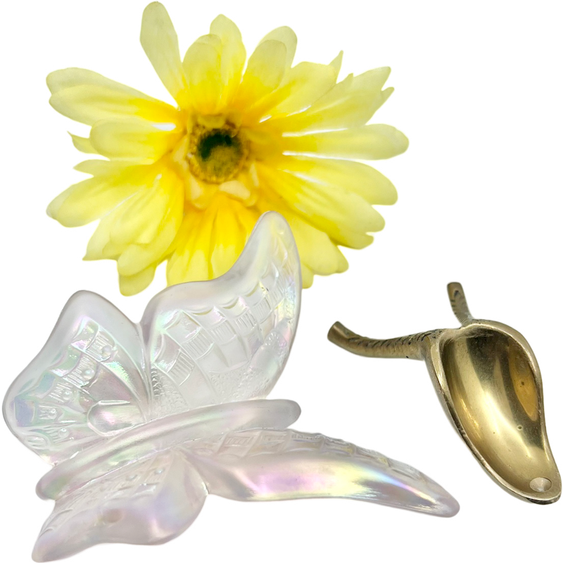 Thumbnail: Vintage Fenton Iridescent Pink Art Glass Butterfly with Brass Stand