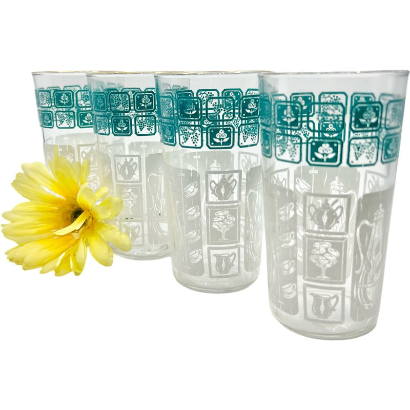 Thumbnail: Vintage Swanky Swigs Glasses SET of 4 / Turquoise and White