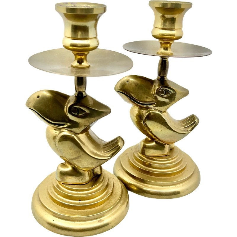 Thumbnail: RARE Vintage Solid Brass Pelican Candle Holders / Vintage Brass Candle Holders