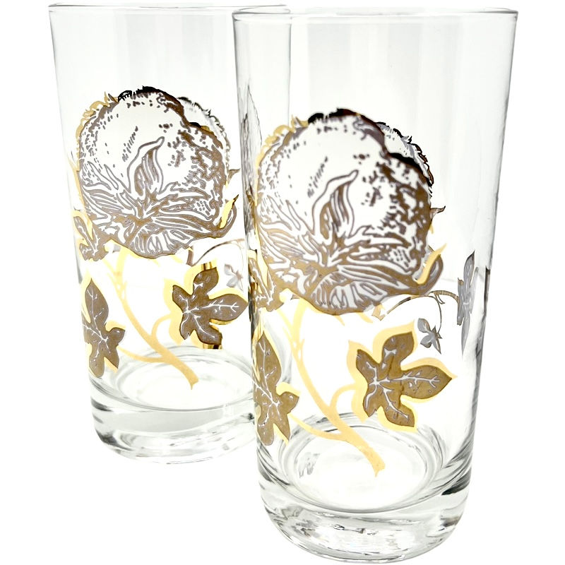 Thumbnail: Vintage Culver SET of 2 Cotton Plant Collins Glasses / MCM Barware / 22 kt Gold