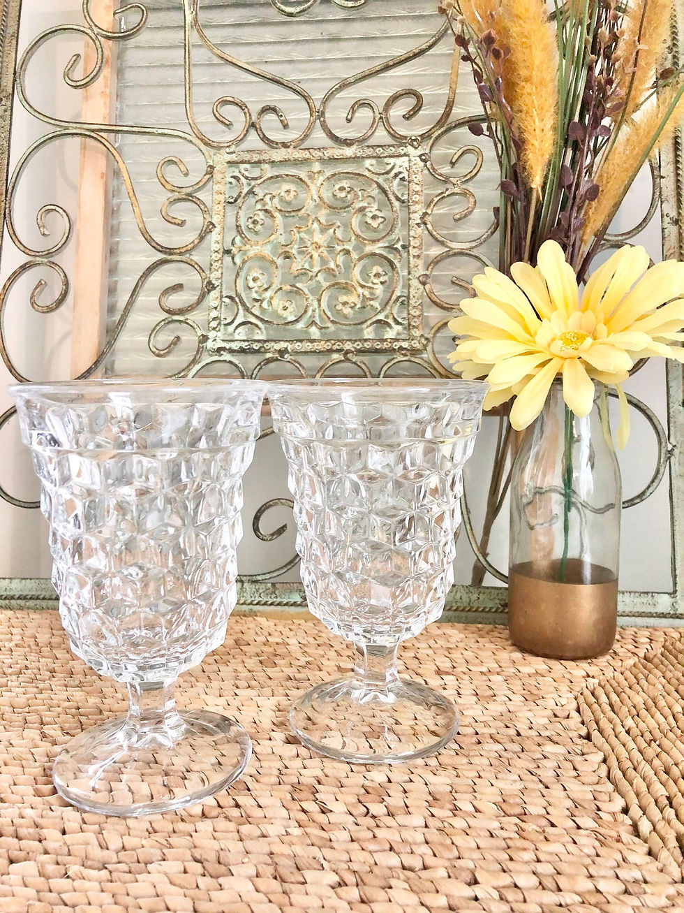Thumbnail: Vintage Mid-Century Clear Whitehall Cube Pattern Footed Tumblers, Sets of 2 OR S