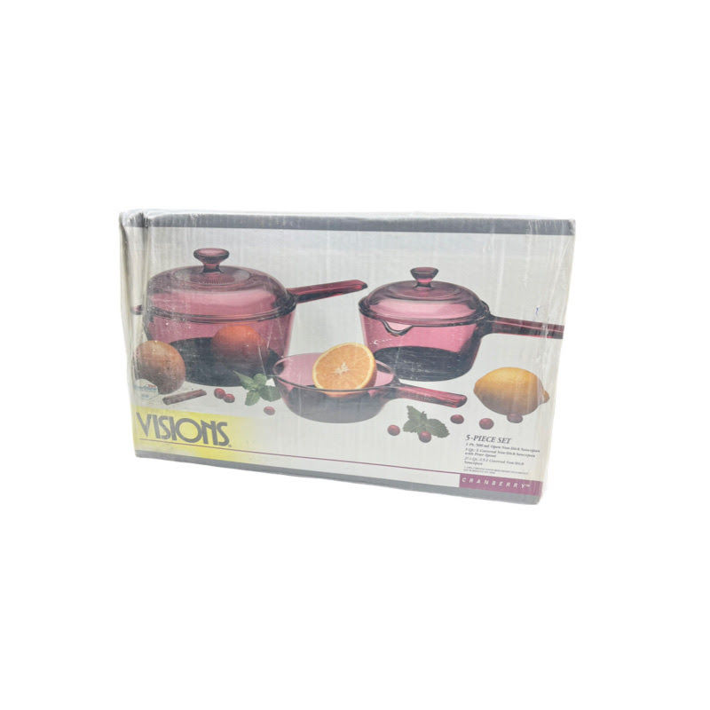 Thumbnail: New Vintage COMPLETE VISION Cranberry Corning Ware/Pyrex 5 Piece Cookware Set