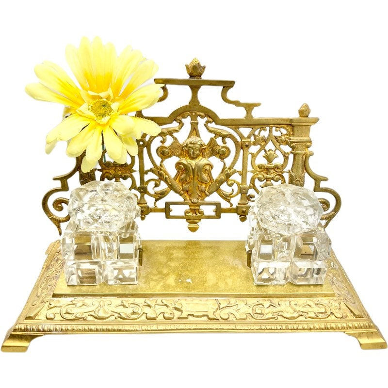 Thumbnail: Vintage BEAUTIFUL Art Deco BRASS and Glass Large Inkwell Stand / Antique Brass