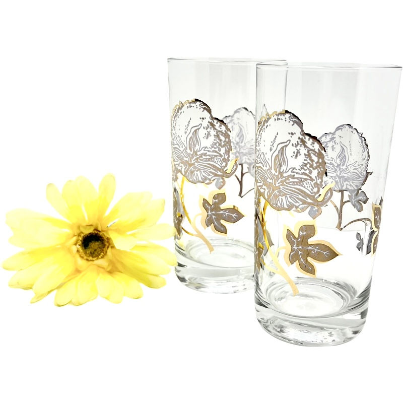 Thumbnail: Vintage Culver SET of 2 Cotton Plant Collins Glasses / MCM Barware / 22 kt Gold