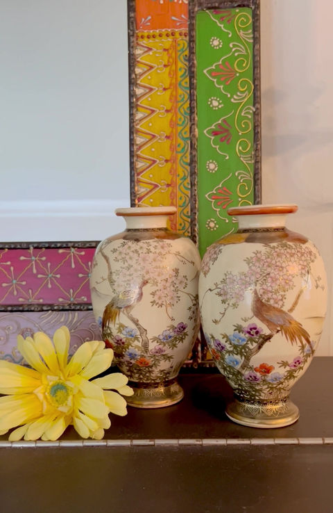 Thumbnail: Vintage Pair of Satsuma Peacock Table Vases / Japanese Peacock Porcelain Vases