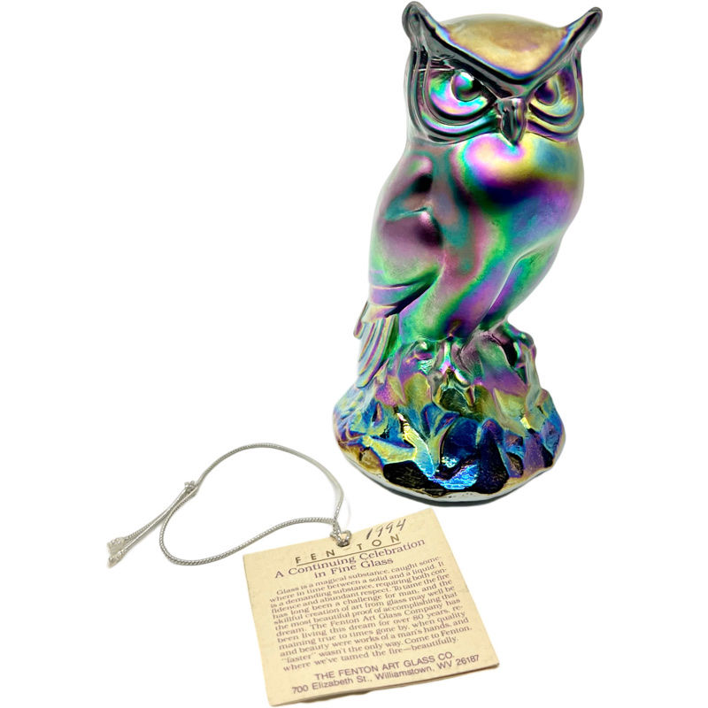 Thumbnail: Vintage Fenton Carnival Glass Amethyst Owl with Original Tags / Fenton Owl