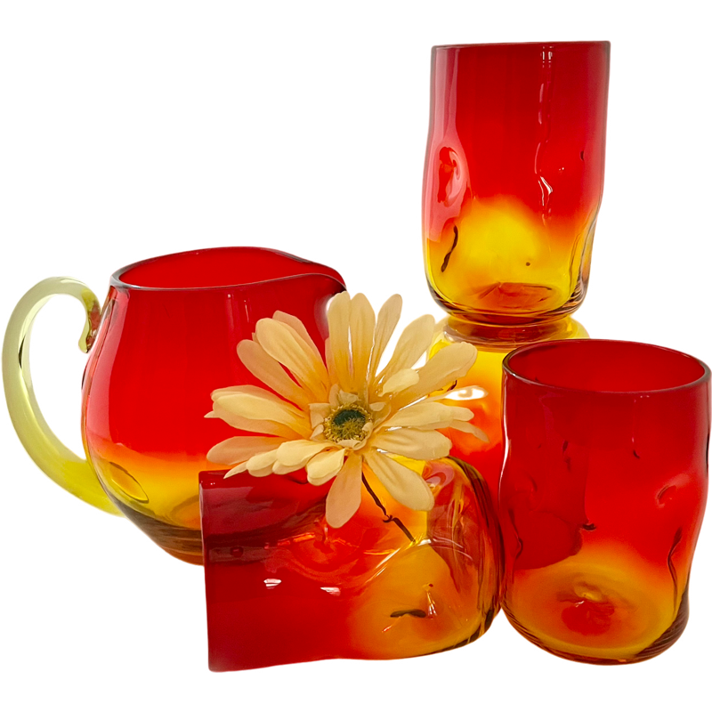 Thumbnail: Vintage Blenko-Esque Amberina Pitcher with 4 Glasses / 1970's Collectible Blenko