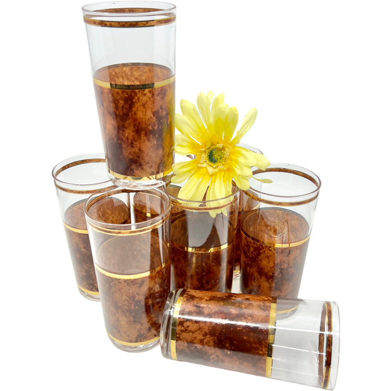 Thumbnail: Vintage Culver Tortoise Set of 8 Highball Glasses with 22K Gold Trim and Caddy