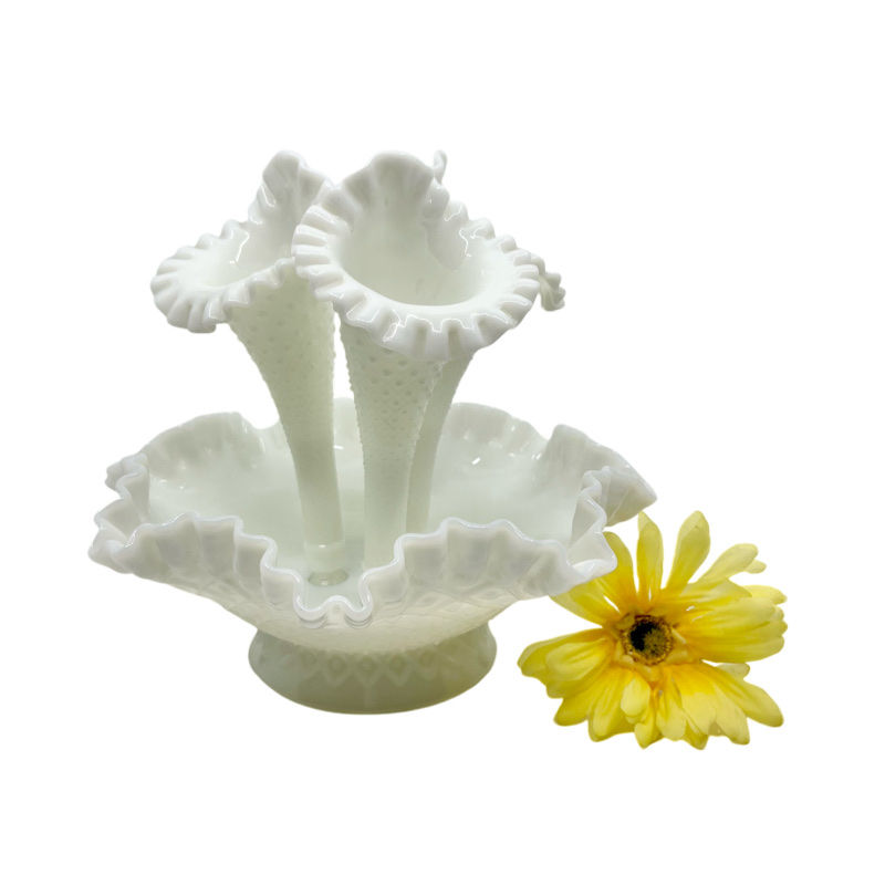 Thumbnail: Vintage Fenton Diamond Lace Milk Glass 3 Horn Epergne Flower Vase