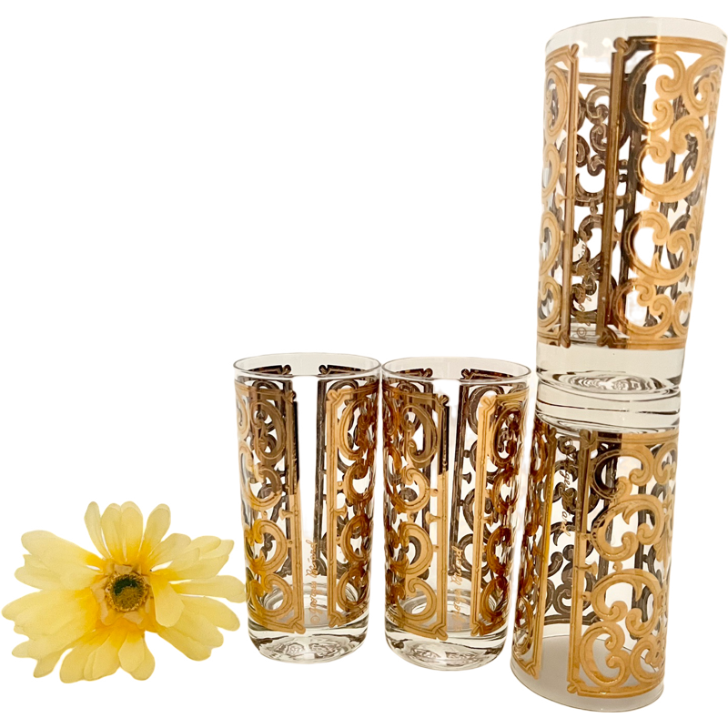 Thumbnail: Vintage Highball Glasses / Georges Briard Signed 22-Karat Gold Spanish Scroll Gl