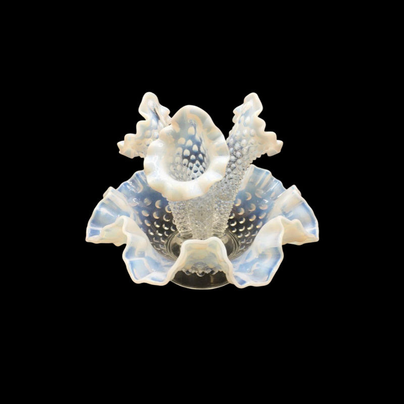 RARE Vintage Moonstone Opaline Hobnail & Ruffle 3-Horn Epergne
