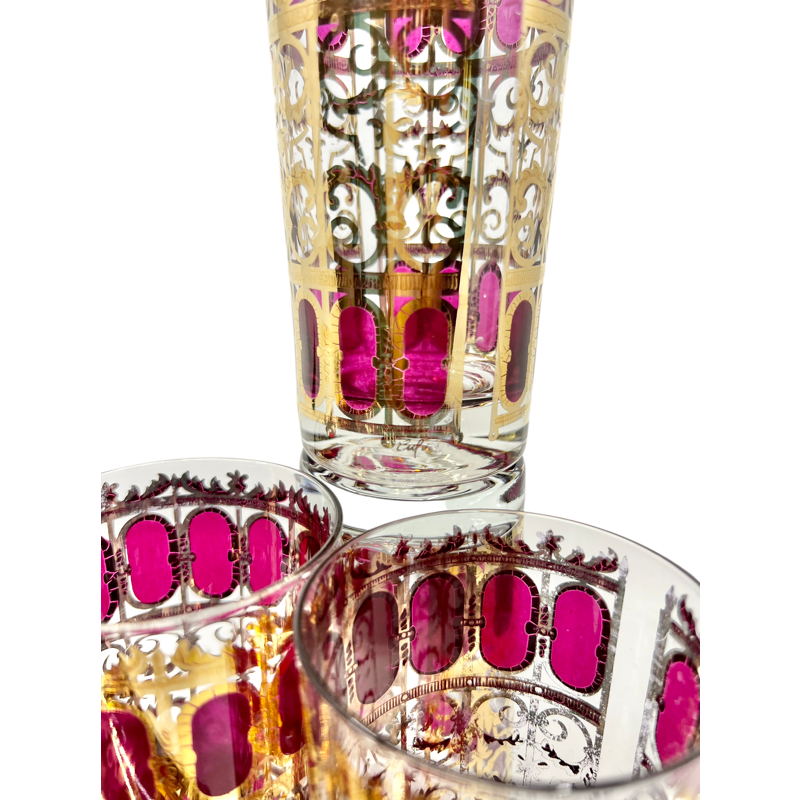 Thumbnail: Vintage Culver Signed SET of 6 Cranberry Scroll Glasses/Tumblers