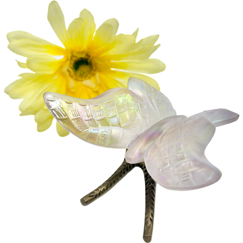 Thumbnail: Vintage Fenton Iridescent Pink Art Glass Butterfly with Brass Stand