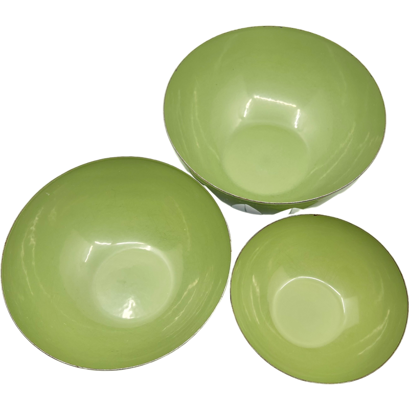 Thumbnail: Vintage Set Of 3 Catherineholm Avocado Green Enameled Lotus Bowls
