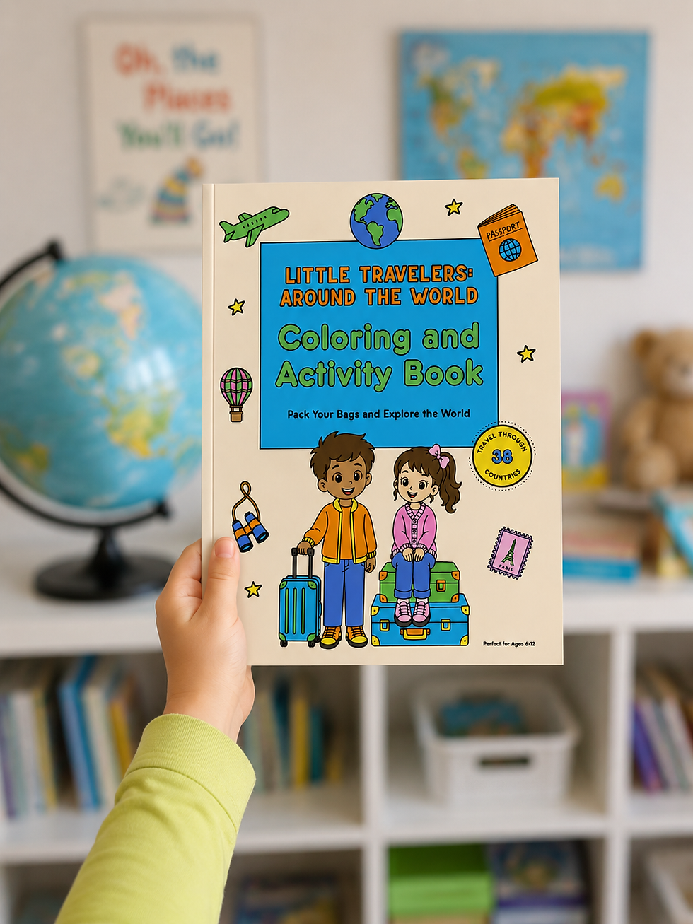 Little traveler around the world coloring and activity book kid holding book