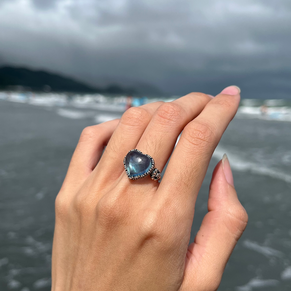 Thumbnail: 925銀 海藍寶 天然石 愛心戒指 活口戒指 可調式 民族風 嬉皮 復古風 波希米亞 手工銀飾