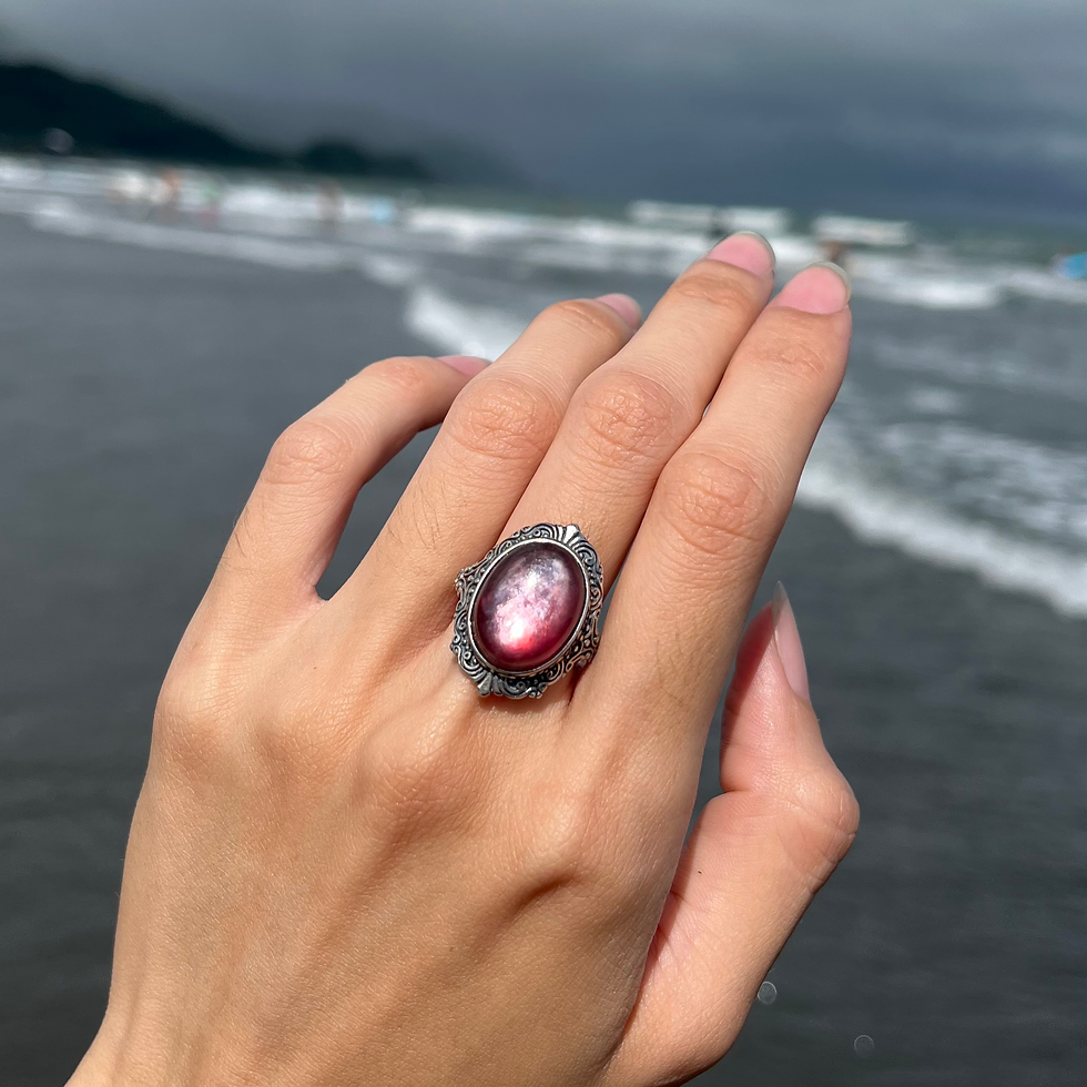 縮圖：925銀 紫鋰雲母 紫雲母 天然石 活口戒指 戒指 純銀 復古風 民族風 嬉皮 波希米亞 可調式