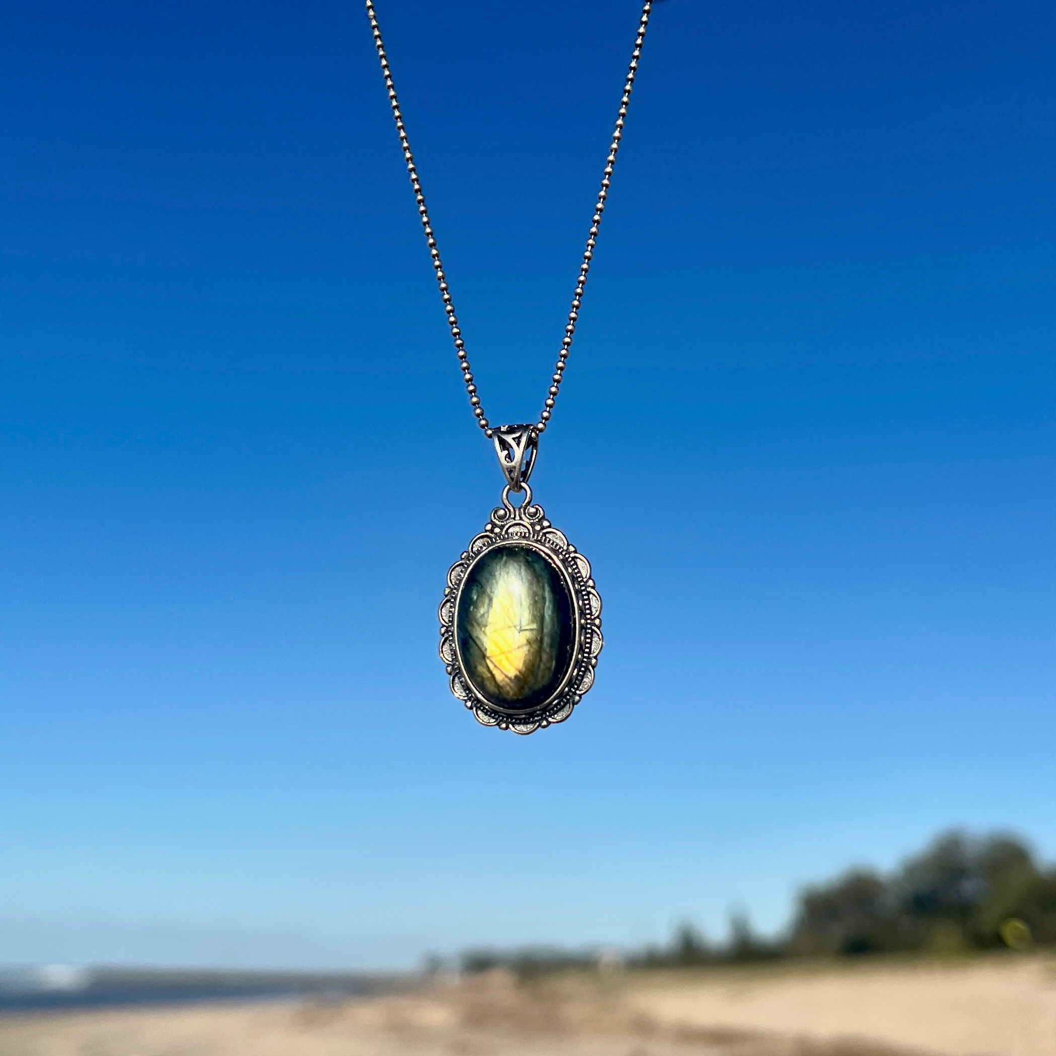 925銀 天然拉長石項鍊 銀飾 吊墜