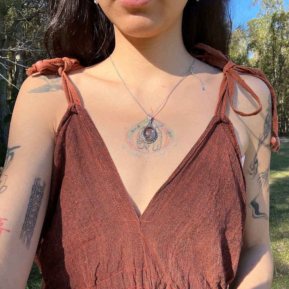 Thumbnail: 925銀 天然幽靈石項鍊 銀飾 吊墜 復古 嬉皮