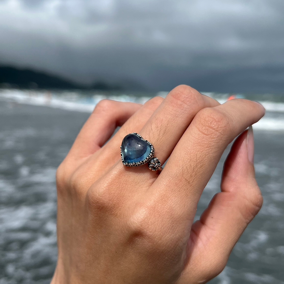 Thumbnail: 925銀 海藍寶 天然石 愛心戒指 活口戒指 可調式 民族風 嬉皮 復古風 波希米亞 手工銀飾