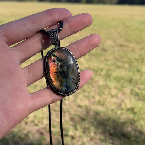 Thumbnail: 925銀 天然石 拉長石 項鍊 銀飾 吊墜 復古 嬉皮