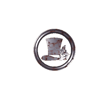 Tavares Tattoo Logo. It's a top hat surrounded by two circles. It starts as rusted metal and then the circles spin around the hat while a huge flame burns and after all the logo is turned into gold.