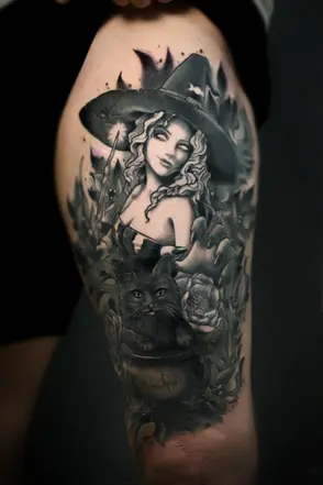 Tavarismus style black and grey cover-up tattoo featuring a witch, cauldron, and cat by Tiago Tavares Tattoo.