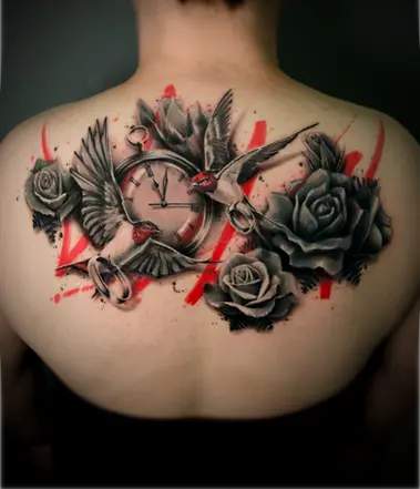 Tavarismus style black, grey, and red realistic cover-up tattoo featuring birds, clockwork, and roses by Tiago Tavares Tattoo.