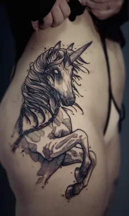 Tavarismus style linework tattoo of a powerful unicorn with broken chains on the hip, waist, and thigh by Tiago Tavares Tattoo.